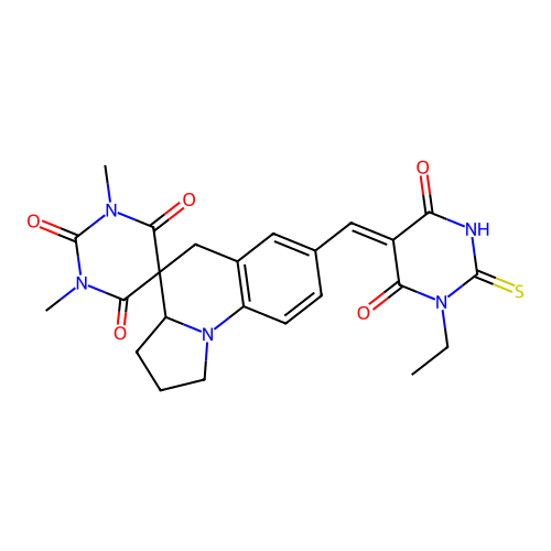 (Z)-7'-((1-ethyl-2-mercapto-4,6-dioxo-1,6-dihydropyrimidin-5(4H)-ylidene)methyl)-1,3-dimethyl-2',3',3a',5'-tetrahydro-1H,1'H-spiro[pyrimidine-5,4'-pyrrolo[1,2-a]quinoline]-2,4,6(3H)-trione structure