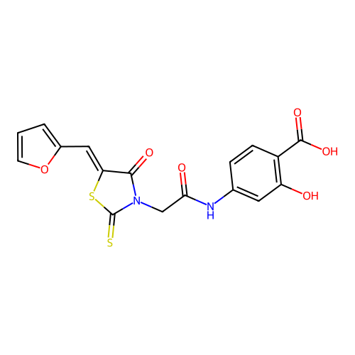 4-({[(5Z)-5-(furan-2-ylmethylidene)-4-oxo-2-thioxo-1,3-thiazolidin-3-yl]acetyl}amino)-2-hydroxybenzoic acid structure