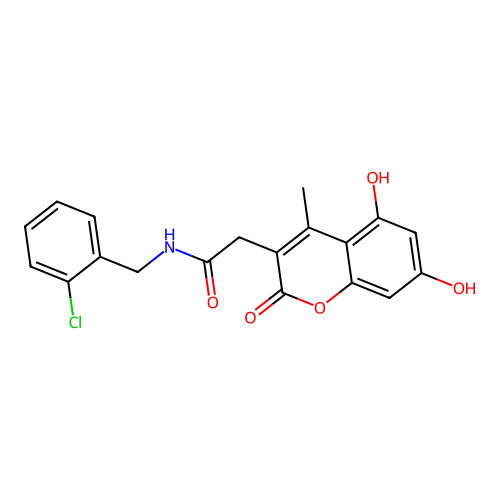 N-[(2-chlorophenyl)methyl]-2-(5,7-dihydroxy-4-methyl-2-oxochromen-3-yl)acetamide structure
