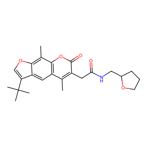2-(3-tert-butyl-5,9-dimethyl-7-oxofuro[3,2-g]chromen-6-yl)-N-(oxolan-2-ylmethyl)acetamide structure