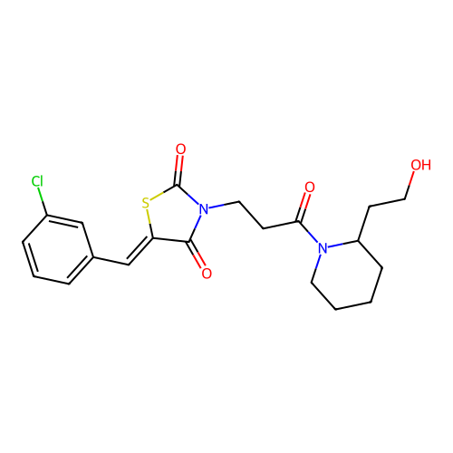 (5Z)-5-(3-chlorobenzylidene)-3-{3-[2-(2-hydroxyethyl)piperidin-1-yl]-3-oxopropyl}-1,3-thiazolidine-2,4-dione structure