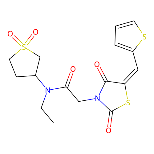 (E)-N-(1,1-dioxidotetrahydrothiophen-3-yl)-2-(2,4-dioxo-5-(thiophen-2-ylmethylene)thiazolidin-3-yl)-N-ethylacetamide structure