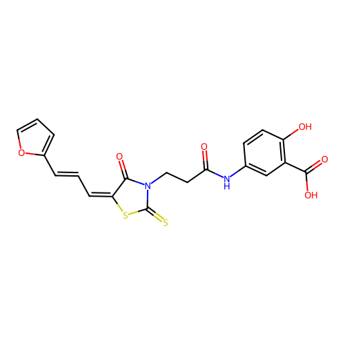 5-[(3-{(5E)-5-[(2E)-3-(furan-2-yl)prop-2-en-1-ylidene]-4-oxo-2-thioxo-1,3-thiazolidin-3-yl}propanoyl)amino]-2-hydroxybenzoic acid structure