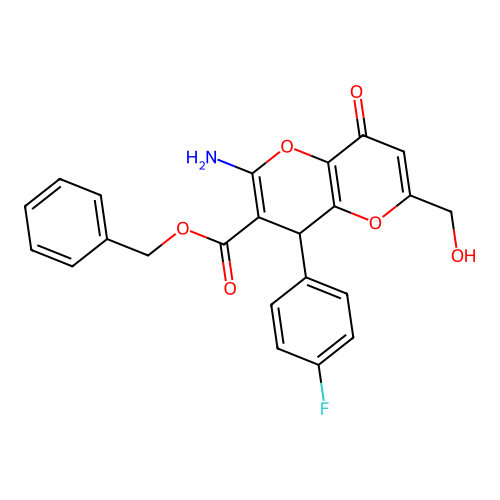 benzyl 2-amino-4-(4-fluorophenyl)-6-(hydroxymethyl)-8-oxo-4,8-dihydropyrano[3,2-b]pyran-3-carboxylate structure