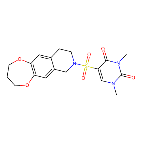 1,3-dimethyl-5-((3,4,9,10-tetrahydro-2H-[1,4]dioxepino[2,3-g]isoquinolin-8(7H)-yl)sulfonyl)pyrimidine-2,4(1H,3H)-dione structure