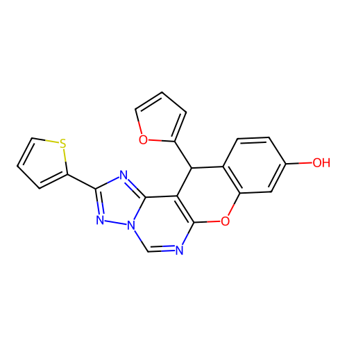 12-(furan-2-yl)-2-(thiophen-2-yl)-12H-chromeno[3,2-e][1,2,4]triazolo[1,5-c]pyrimidin-9-ol structure