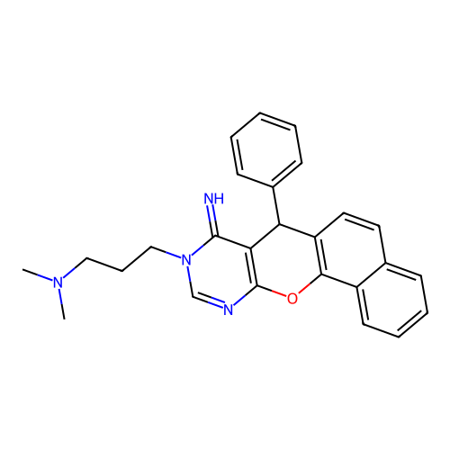 3-(8-imino-7-phenyl-7H-benzo[7,8]chromeno[2,3-d]pyrimidin-9(8H)-yl)-N,N-dimethylpropan-1-amine structure