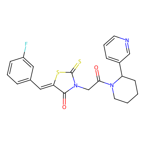(5Z)-5-(3-fluorobenzylidene)-3-{2-oxo-2-[2-(pyridin-3-yl)piperidin-1-yl]ethyl}-2-thioxo-1,3-thiazolidin-4-one structure