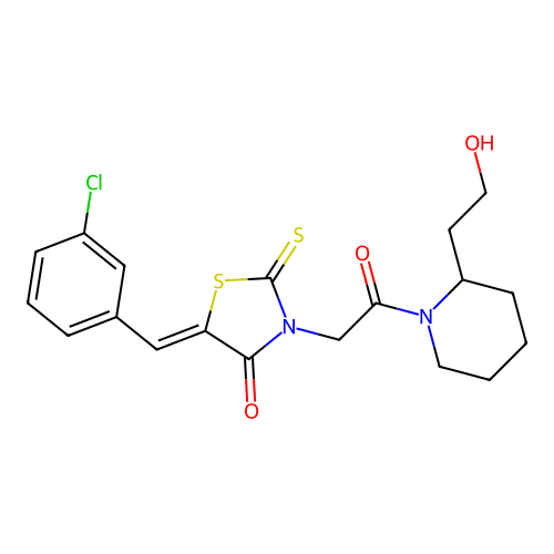 (5Z)-5-(3-chlorobenzylidene)-3-{2-[2-(2-hydroxyethyl)piperidin-1-yl]-2-oxoethyl}-2-thioxo-1,3-thiazolidin-4-one structure