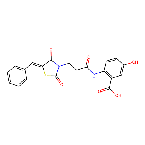 2-({3-[(5Z)-5-benzylidene-2,4-dioxo-1,3-thiazolidin-3-yl]propanoyl}amino)-5-hydroxybenzoic acid structure