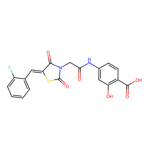 4-({[(5Z)-5-(2-fluorobenzylidene)-2,4-dioxo-1,3-thiazolidin-3-yl]acetyl}amino)-2-hydroxybenzoic acid structure