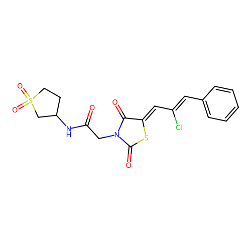 2-{(5Z)-5-[(2Z)-2-chloro-3-phenylprop-2-en-1-ylidene]-2,4-dioxo-1,3-thiazolidin-3-yl}-N-(1,1-dioxidotetrahydrothiophen-3-yl)acetamide structure