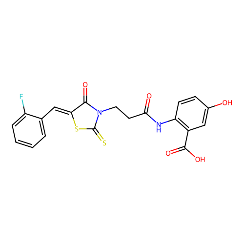 2-({3-[(5Z)-5-(2-fluorobenzylidene)-4-oxo-2-thioxo-1,3-thiazolidin-3-yl]propanoyl}amino)-5-hydroxybenzoic acid structure