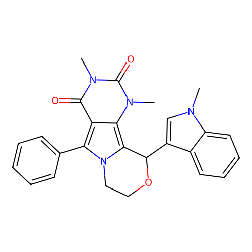 1,3-dimethyl-10-(1-methyl-1H-indol-3-yl)-5-phenyl-1,7,8,10-tetrahydro-2H-pyrimido[4',5':3,4]pyrrolo[2,1-c][1,4]oxazine-2,4(3H)-dione structure
