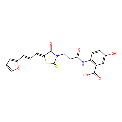 2-[(3-{(5Z)-5-[(2E)-3-(furan-2-yl)prop-2-en-1-ylidene]-4-oxo-2-thioxo-1,3-thiazolidin-3-yl}propanoyl)amino]-5-hydroxybenzoic acid structure
