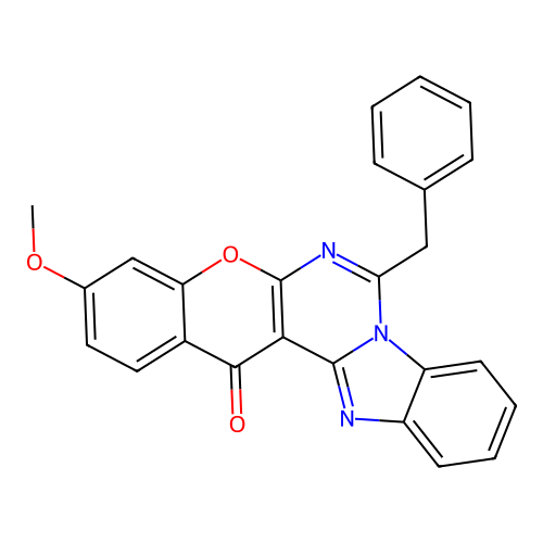 7-benzyl-3-methoxy-14H-benzo[4,5]imidazo[1,2-c]chromeno[3,2-e]pyrimidin-14-one structure