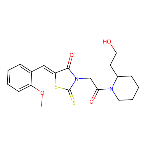 (Z)-3-(2-(2-(2-hydroxyethyl)piperidin-1-yl)-2-oxoethyl)-5-(2-methoxybenzylidene)-2-thioxothiazolidin-4-one structure