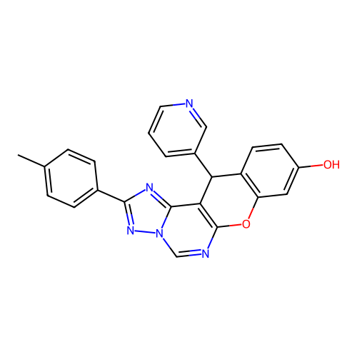 12-(pyridin-3-yl)-2-(p-tolyl)-12H-chromeno[3,2-e][1,2,4]triazolo[1,5-c]pyrimidin-9-ol structure