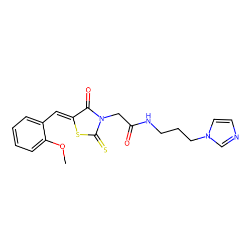 N-[3-(1H-imidazol-1-yl)propyl]-2-[(5Z)-5-(2-methoxybenzylidene)-4-oxo-2-thioxo-1,3-thiazolidin-3-yl]acetamide structure