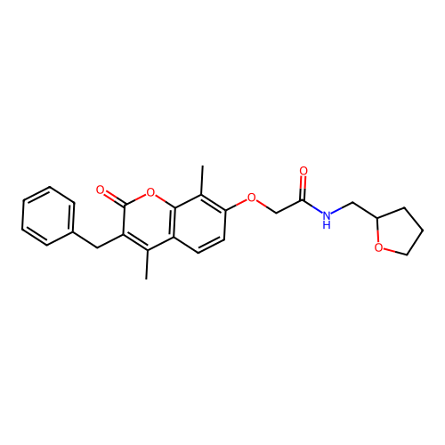 2-(3-benzyl-4,8-dimethyl-2-oxochromen-7-yl)oxy-N-(oxolan-2-ylmethyl)acetamide structure
