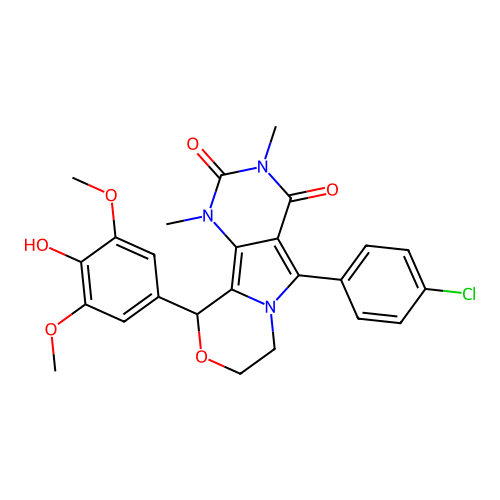 5-(4-chlorophenyl)-10-(4-hydroxy-3,5-dimethoxyphenyl)-1,3-dimethyl-1,7,8,10-tetrahydro-2H-pyrimido[4',5':3,4]pyrrolo[2,1-c][1,4]oxazine-2,4(3H)-dione structure