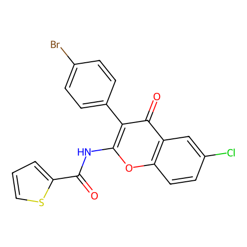 N-(3-(4-bromophenyl)-6-chloro-4-oxo-4H-chromen-2-yl)thiophene-2-carboxamide structure