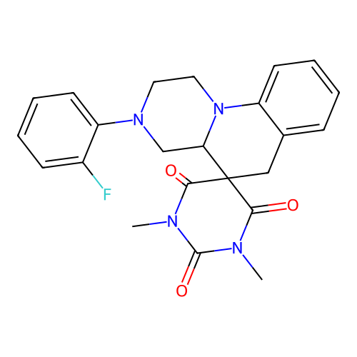 3'-(2-fluorophenyl)-1,3-dimethylspiro[1,3-diazinane-5,5'-2,4,4a,6-tetrahydro-1H-pyrazino[1,2-a]quinoline]-2,4,6-trione structure