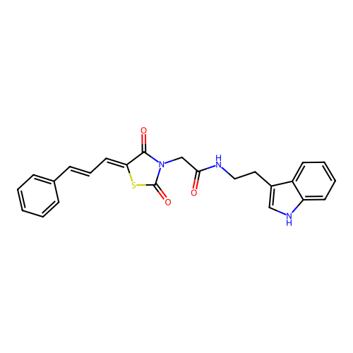 2-{(5Z)-2,4-dioxo-5-[(2E)-3-phenylprop-2-en-1-ylidene]-1,3-thiazolidin-3-yl}-N-[2-(1H-indol-3-yl)ethyl]acetamide structure