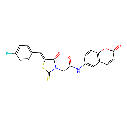 2-[(5Z)-5-(4-fluorobenzylidene)-4-oxo-2-thioxo-1,3-thiazolidin-3-yl]-N-(2-oxo-2H-chromen-6-yl)acetamide structure