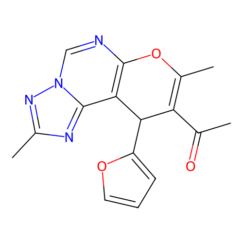 1-[10-(furan-2-yl)-2,8-dimethyl-10H-pyrano[3,2-e][1,2,4]triazolo[1,5-c]pyrimidin-9-yl]ethanone structure