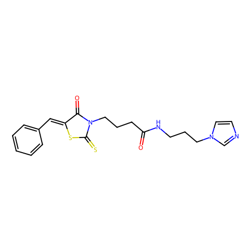 4-[(5Z)-5-benzylidene-4-oxo-2-thioxo-1,3-thiazolidin-3-yl]-N-[3-(1H-imidazol-1-yl)propyl]butanamide structure