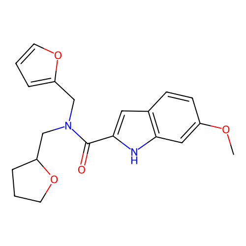 N-(furan-2-ylmethyl)-6-methoxy-N-((tetrahydrofuran-2-yl)methyl)-1H-indole-2-carboxamide structure