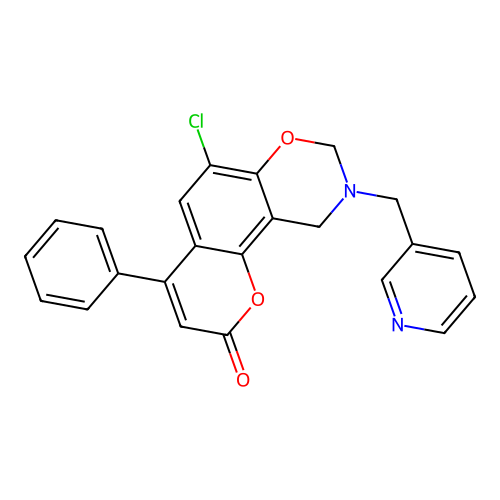 6-chloro-4-phenyl-9-(pyridin-3-ylmethyl)-8,10-dihydropyrano[2,3-f][1,3]benzoxazin-2-one structure