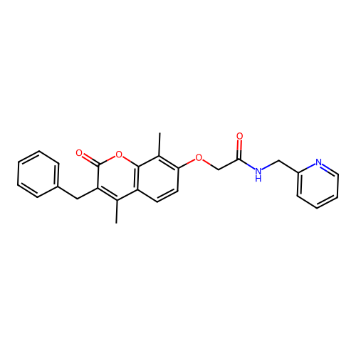 2-((3-benzyl-4,8-dimethyl-2-oxo-2H-chromen-7-yl)oxy)-N-(pyridin-2-ylmethyl)acetamide structure