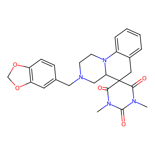3'-(1,3-benzodioxol-5-ylmethyl)-1,3-dimethylspiro[1,3-diazinane-5,5'-2,4,4a,6-tetrahydro-1H-pyrazino[1,2-a]quinoline]-2,4,6-trione structure