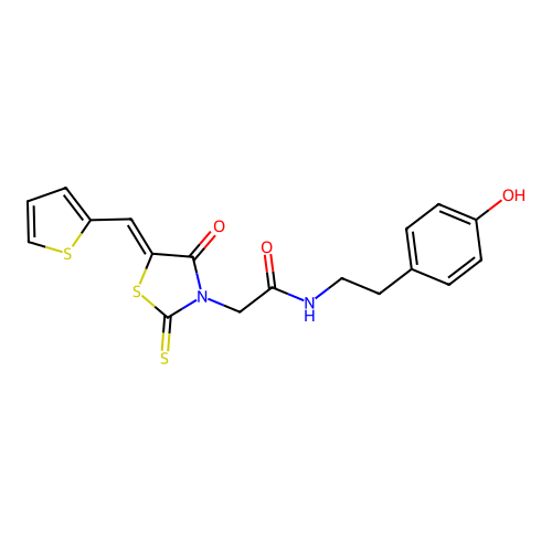 (Z)-N-(4-hydroxyphenethyl)-2-(4-oxo-5-(thiophen-2-ylmethylene)-2-thioxothiazolidin-3-yl)acetamide structure