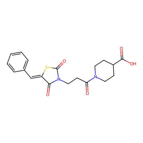 1-{3-[(5Z)-5-benzylidene-2,4-dioxo-1,3-thiazolidin-3-yl]propanoyl}piperidine-4-carboxylic acid structure