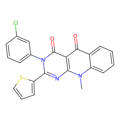 3-(3-chlorophenyl)-10-methyl-2-(thiophen-2-yl)pyrimido[4,5-b]quinoline-4,5(3H,10H)-dione structure