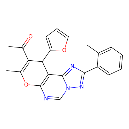 1-(10-(furan-2-yl)-8-methyl-2-(o-tolyl)-10H-pyrano[3,2-e][1,2,4]triazolo[1,5-c]pyrimidin-9-yl)ethanone structure