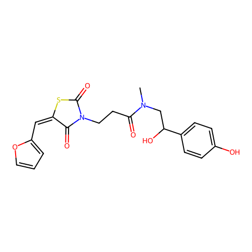 3-[(5E)-5-(furan-2-ylmethylidene)-2,4-dioxo-1,3-thiazolidin-3-yl]-N-[2-hydroxy-2-(4-hydroxyphenyl)ethyl]-N-methylpropanamide structure
