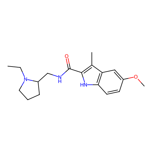 N-[(1-ethylpyrrolidin-2-yl)methyl]-5-methoxy-3-methyl-1H-indole-2-carboxamide structure