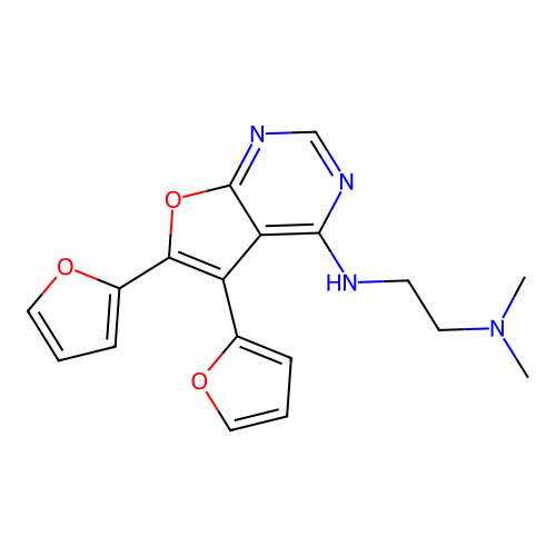N-[5,6-bis(furan-2-yl)furo[2,3-d]pyrimidin-4-yl]-N',N'-dimethylethane-1,2-diamine structure