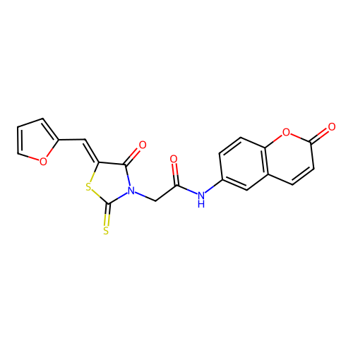 2-[(5Z)-5-(furan-2-ylmethylidene)-4-oxo-2-thioxo-1,3-thiazolidin-3-yl]-N-(2-oxo-2H-chromen-6-yl)acetamide structure