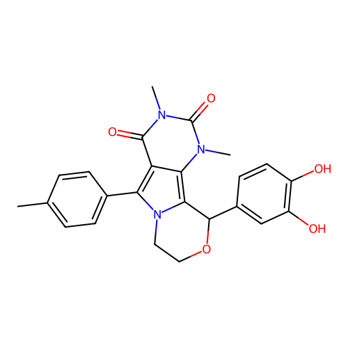 10-(3,4-dihydroxyphenyl)-1,3-dimethyl-5-(4-methylphenyl)-1,7,8,10-tetrahydro-2H-pyrimido[4',5':3,4]pyrrolo[2,1-c][1,4]oxazine-2,4(3H)-dione structure