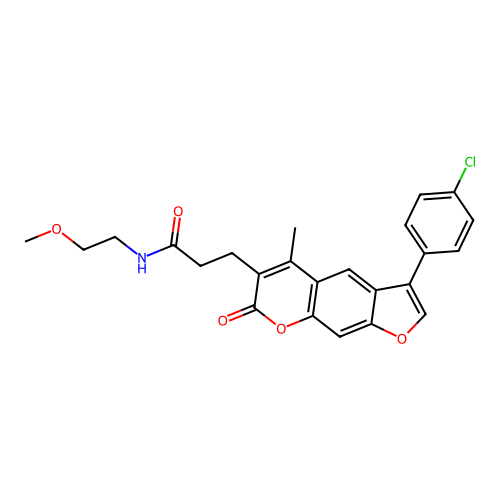 3-(3-(4-chlorophenyl)-5-methyl-7-oxo-7H-furo[3,2-g]chromen-6-yl)-N-(2-methoxyethyl)propanamide structure