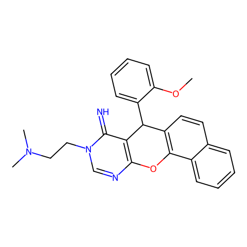 2-(8-imino-7-(2-methoxyphenyl)-7H-benzo[7,8]chromeno[2,3-d]pyrimidin-9(8H)-yl)-N,N-dimethylethanamine structure