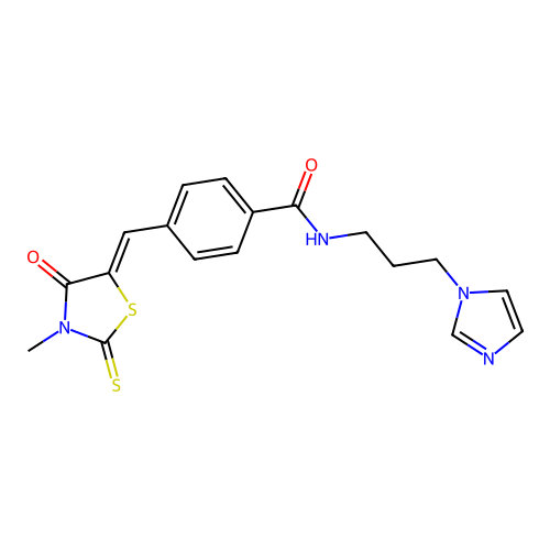 N-[3-(1H-imidazol-1-yl)propyl]-4-[(Z)-(3-methyl-4-oxo-2-thioxo-1,3-thiazolidin-5-ylidene)methyl]benzamide structure