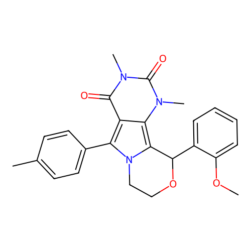 10-(2-methoxyphenyl)-1,3-dimethyl-5-(4-methylphenyl)-1,7,8,10-tetrahydro-2H-pyrimido[4',5':3,4]pyrrolo[2,1-c][1,4]oxazine-2,4(3H)-dione structure