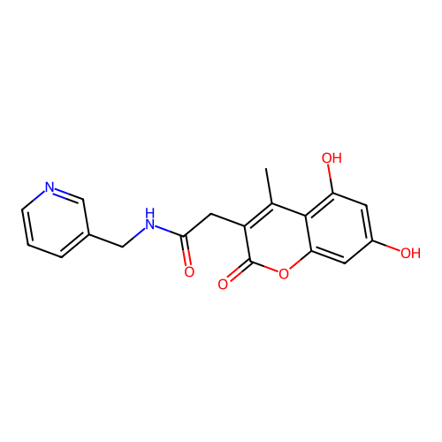 2-(5,7-dihydroxy-4-methyl-2-oxo-2H-chromen-3-yl)-N-(pyridin-3-ylmethyl)acetamide structure
