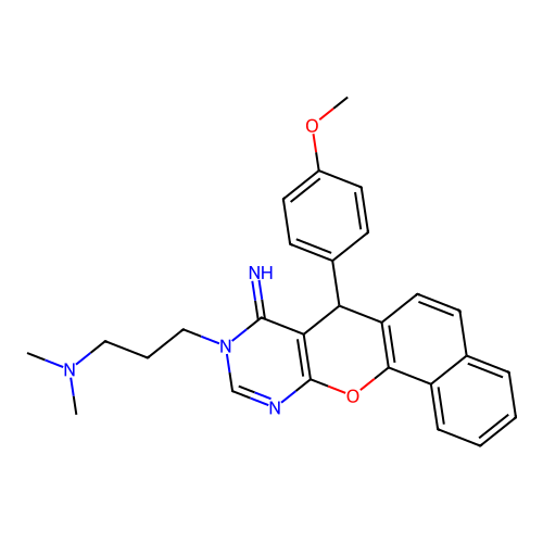 3-(8-imino-7-(4-methoxyphenyl)-7H-benzo[7,8]chromeno[2,3-d]pyrimidin-9(8H)-yl)-N,N-dimethylpropan-1-amine structure